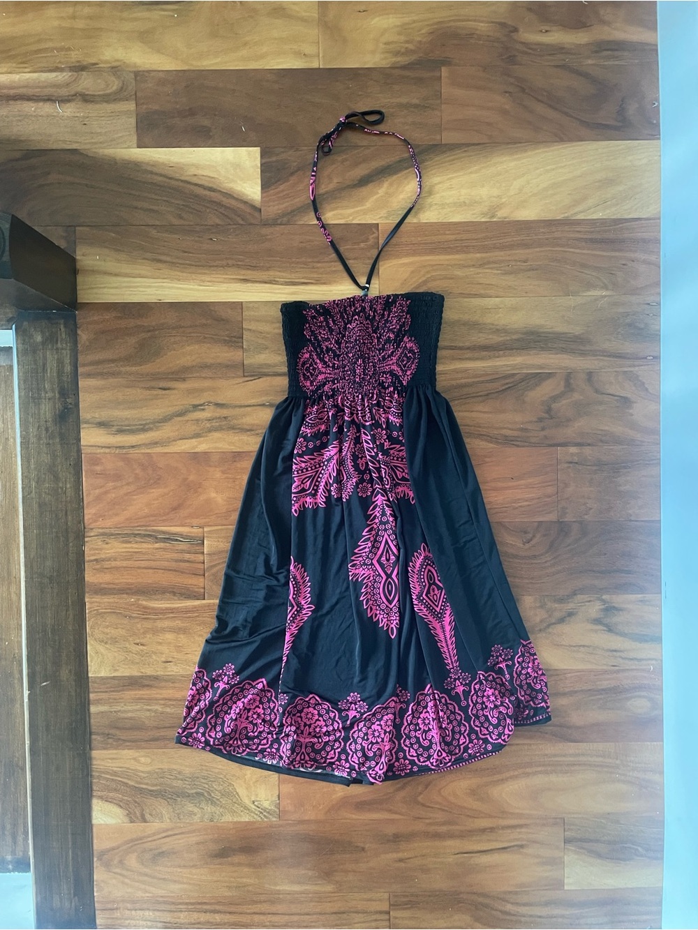 Smocked Strapless Black Dress with Pink Paisley Print